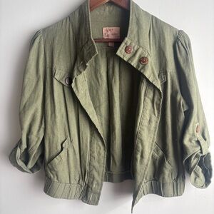 Mine Olive Green Linen Blend Cropped Utility Jacket Roll Tab Sleeve Small
